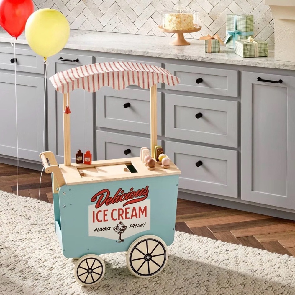NIB Hearth & Hand Wooden Ice Cream Cart with Red-Striped Canopy & accessories